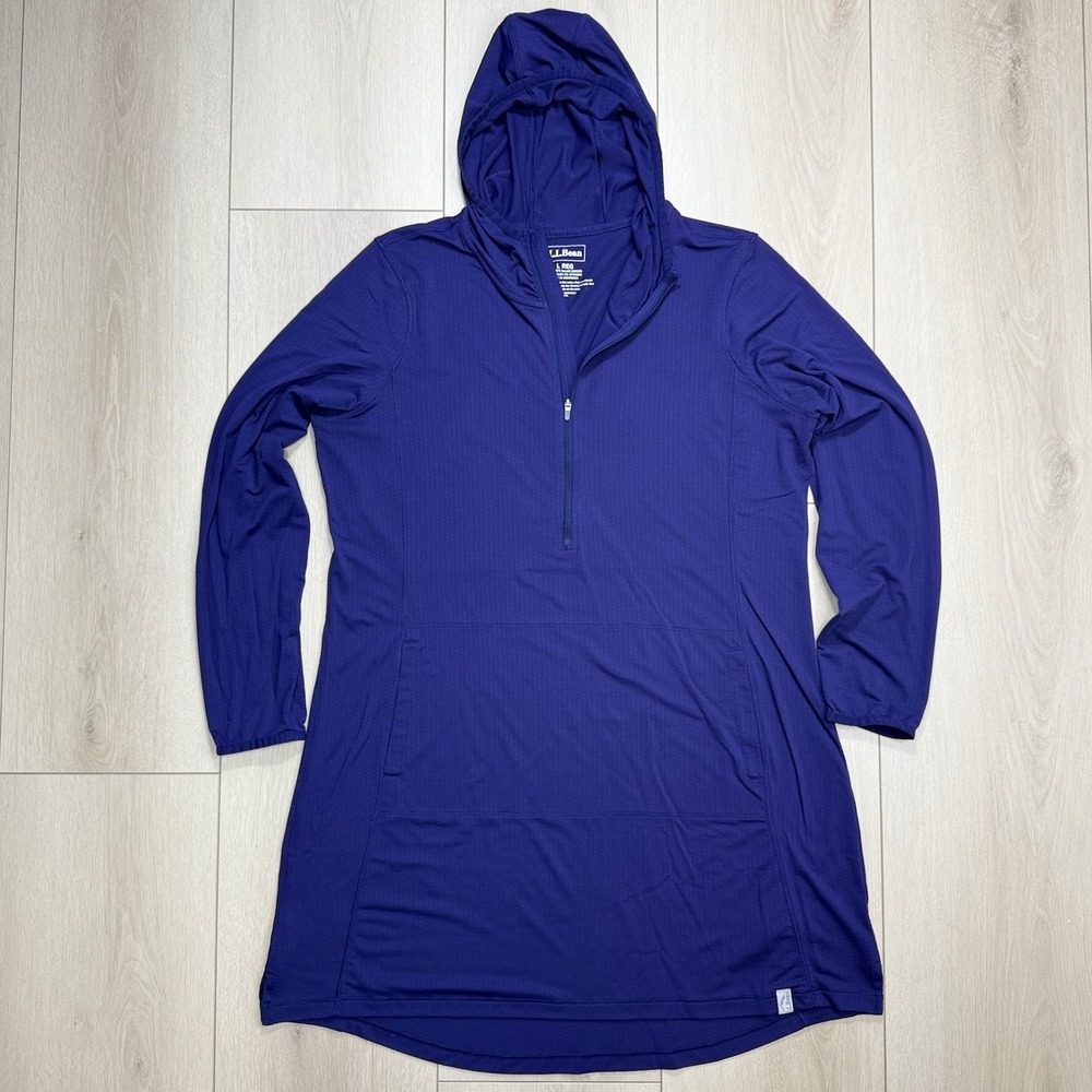 L.L.‎ Bean Womens L Reg Purple Hooded Pullover Dress 1/2 Zip Stretch Athleisure